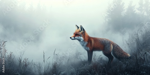 Charming portrayal of a fox amidst a misty forest backdrop. This lovable fox is captured beautifully in a fog laden woodland environment, enhancing its charm. photo