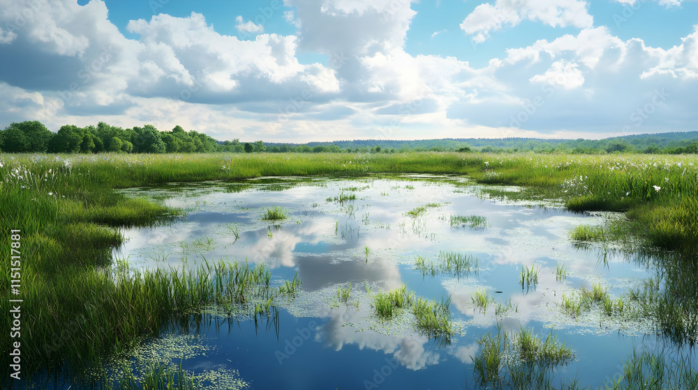 Stunning landscape of a flooded grassland reflecting a beautiful blue sky with fluffy white clouds Stunning landscape of a flooded grassland reflecting a beautiful blue sky with fluffy white clouds