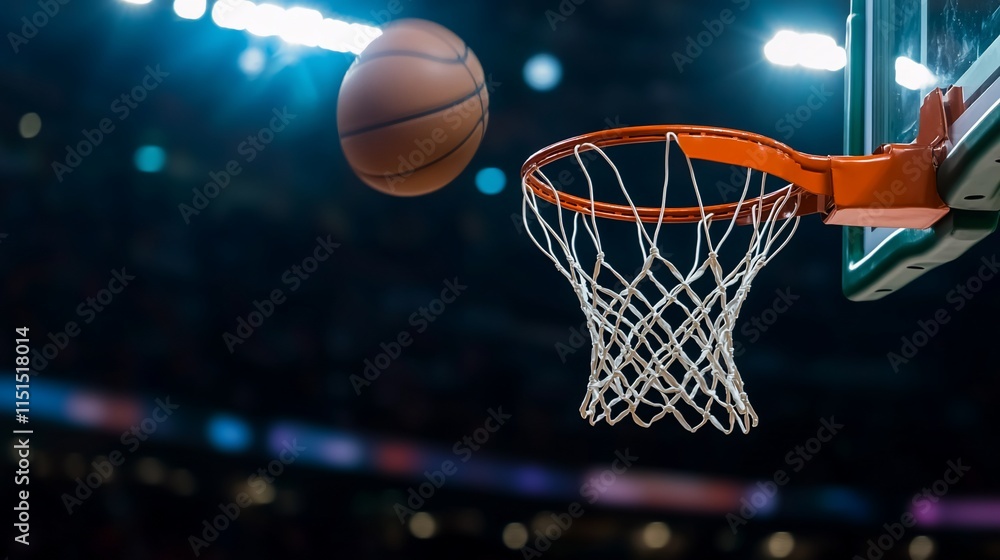 Basketball approaching the hoop in a dimly lit arena. Basketball approaching the hoop in a dimly lit arena.