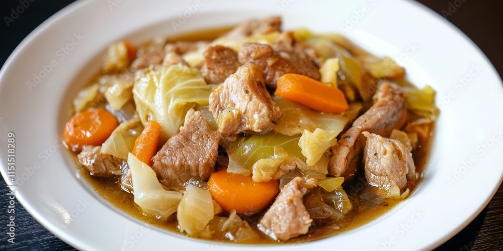 Deliciously stewed cabbage with tender pork meat and vibrant carrots served on a white plate, creating an appetizing dish that promises to delight your taste buds in every bite. Deliciously stewed cabbage with tender pork meat and vibrant carrots served on a white plate, creating an appetizing dish that promises to delight your taste buds in every bite.