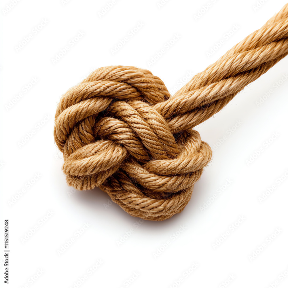 A detailed view of a brown rope knot on a white isolated background. A detailed view of a brown rope knot on a white isolated background.
