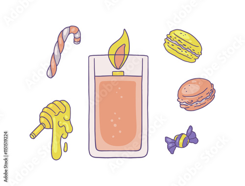 Burning wax or paraffin aromatic candle with sweets fragrance, vector candies and lollipop, honey, Macaroon dessert