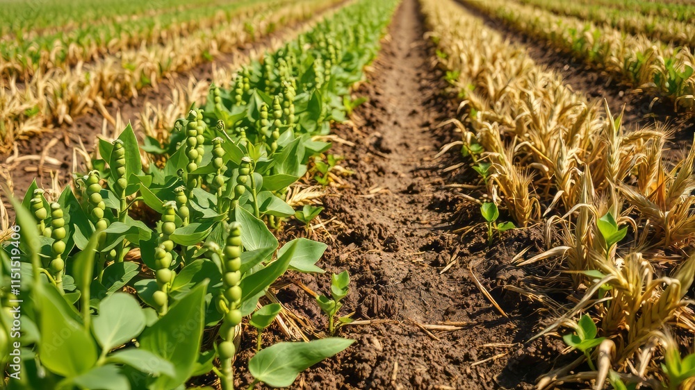 Fototapeta premium Sustainable Agriculture: Green Peas Growing on Wheat Harvested Field with Cover Crops - AI Photo
