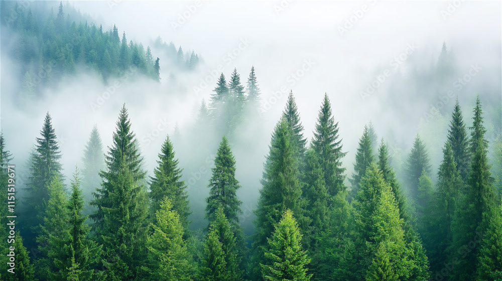 A foggy evergreen forest with towering pine trees shrouded in mist. The mysterious and tranquil atmosphere invites contemplation. A foggy evergreen forest with towering pine trees shrouded in mist. The mysterious and tranquil atmosphere invites contemplation.