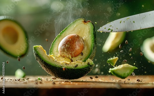 Flying avocados with a knife slicing them mid-air and seed hovering photo