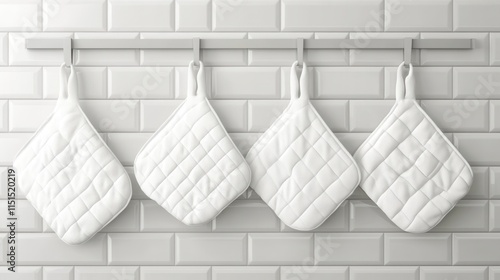 Elegant and Minimalist Display of Four White Quilted Pot Holders Hanging on a Hook Against a Clean and Modern Subway Tile Background in a Kitchen Setting
