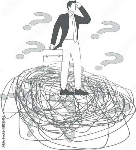 Skepticism, doubt or uncertainty, searching for answers solutions, doubtful businessman surrounded by a group of question marks
