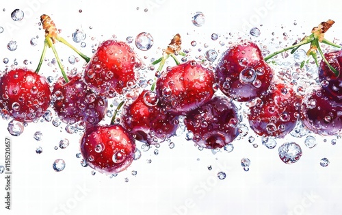 A ripe cherry cluster floating mid-air with water droplets glistening, set against a bright white background
