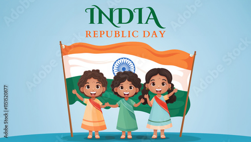 India Republic Day Banner with Cartoon Girls Holding Indian Flag on Blue Background.
