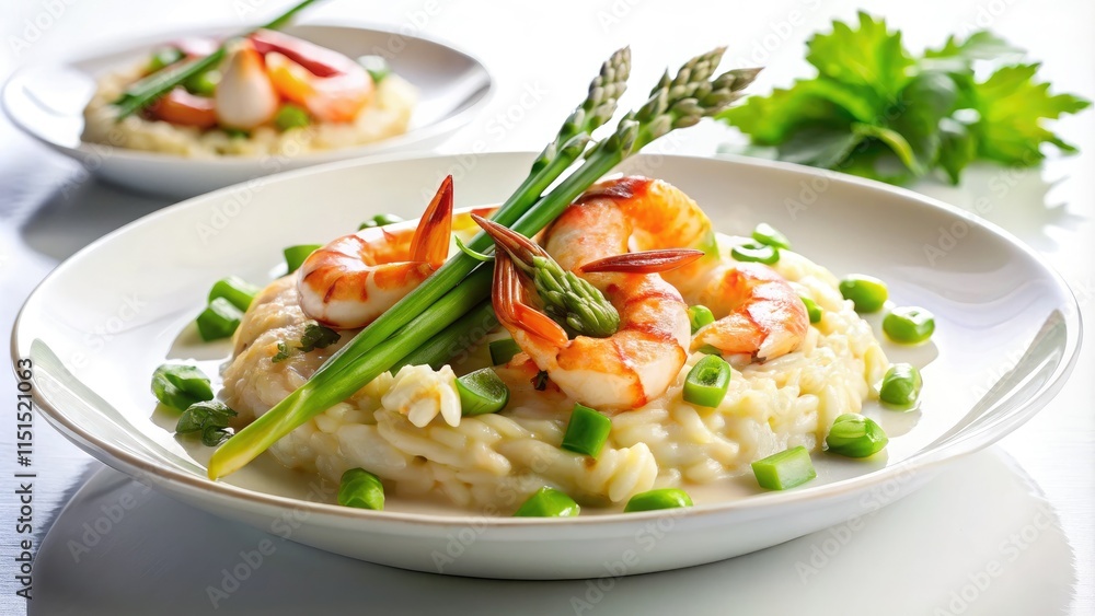 Luxurious risotto: vibrant tiger prawns and asparagus, gourmet food photography captures its irresistible appeal. Luxurious risotto: vibrant tiger prawns and asparagus, gourmet food photography captures its irresistible appeal.