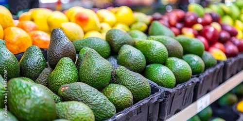 Fresh avocados displayed in the market showcase their vibrant color and appeal. These fresh avocados are perfect for various dishes, making them a popular choice in the market. photo