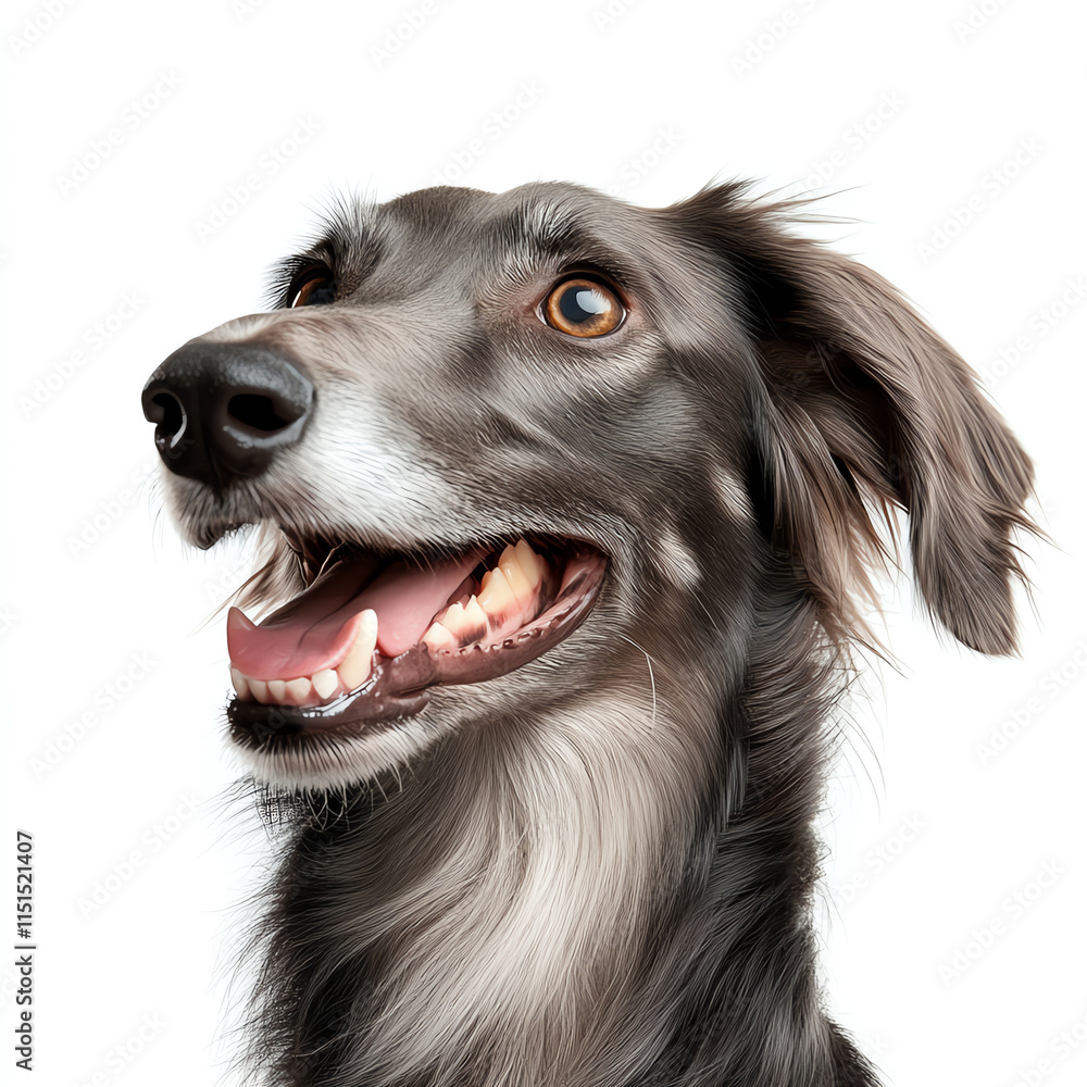 A joyful and friendly dog displays a playful expression on a white isolated background. A joyful and friendly dog displays a playful expression on a white isolated background.