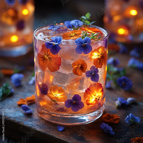 A glowing jelly drink with floating edible flowers and fruits photo