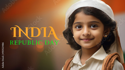 India Republic Day Banner with Smiling Indian Girl Photo. Fictional Character Created By Generative AI.