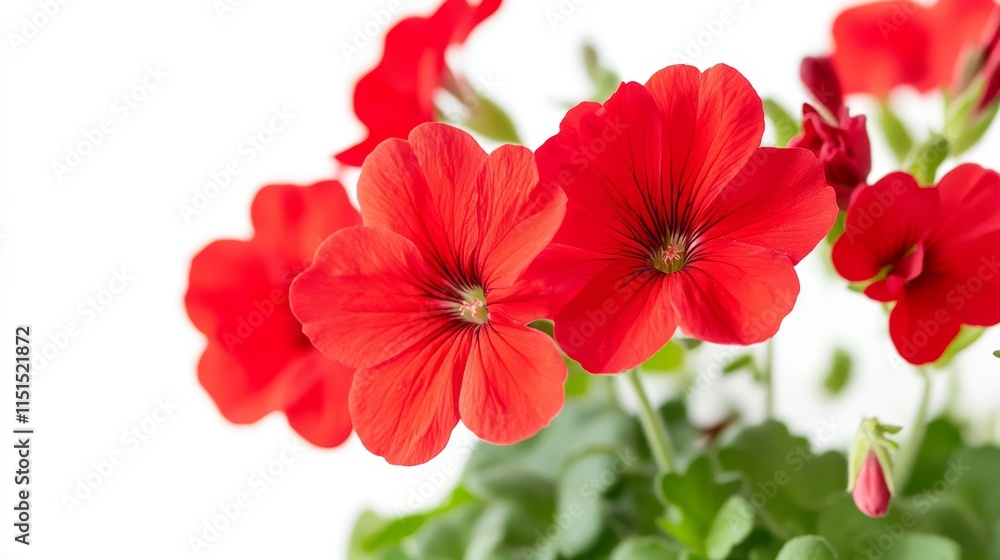 Close up of a vibrant red geranium flower in a soil box, showcasing the beauty of red geraniums against a clean white background, emphasizing the rich color of the red geranium petals. Close up of a vibrant red geranium flower in a soil box, showcasing the beauty of red geraniums against a clean white background, emphasizing the rich color of the red geranium petals.