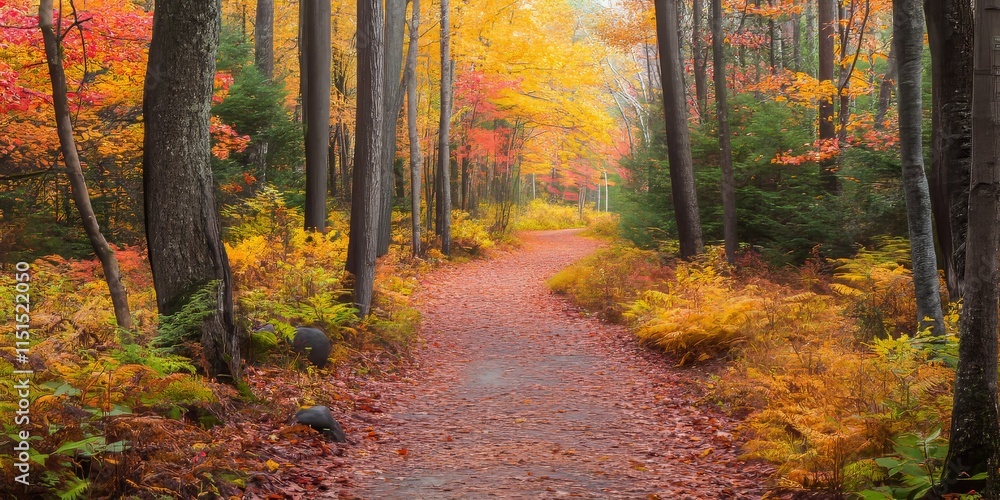 Obraz premium Bright autumn forest pathway surrounded by vibrant fall foliage, creating a picturesque scene. Explore the enchanting pathway in the bright autumn forest filled with rich colors and natural beauty.