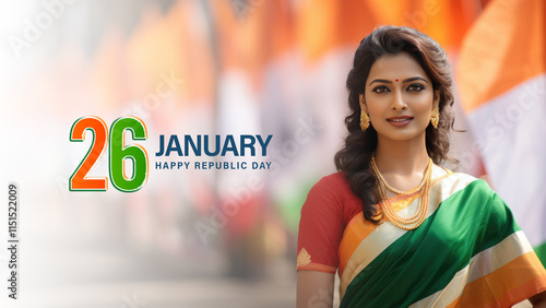26th January Happy Republic Day Banner with Indian Woman in Tricolor Saree Photo. Fictional Character Created By Generative AI.