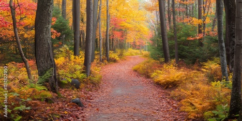 Fototapeta Naklejka Na Ścianę i Meble -  Bright autumn forest pathway surrounded by vibrant fall foliage, creating a picturesque scene. Explore the enchanting pathway in the bright autumn forest filled with rich colors and natural beauty.