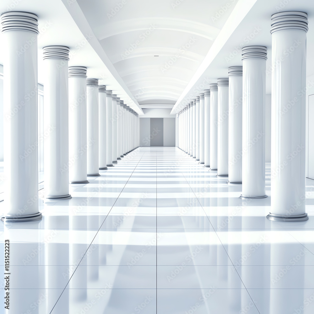 A modern, spacious corridor with white columns and shiny floors under bright light, creating a minimalist aesthetic. A modern, spacious corridor with white columns and shiny floors under bright light, creating a minimalist aesthetic.