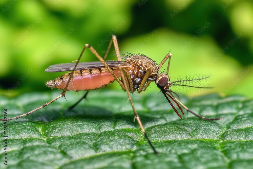 Close-Up of a Mosquito Resting on a Leaf in a Lush Green Forest with Natural Lighting Revealing Intricate Details and Textures in Sharp Focus Close-Up of a Mosquito Resting on a Leaf in a Lush Green Forest with Natural Lighting Revealing Intricate Details and Textures in Sharp Focus