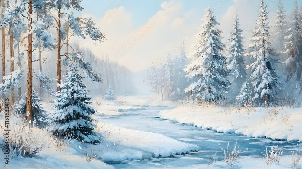 Winter Wonderland: Snowy Forest River Scene Winter Wonderland: Snowy Forest River Scene
