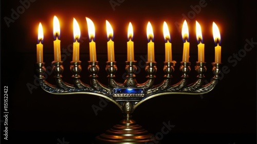 Traditional Menorah with Burning Candles Illuminating Darkness