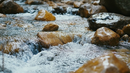 Rocks in a stream complement the serene scene of smooth flowing water, creating a tranquil atmosphere where rocks and water harmoniously blend in nature s beauty. photo