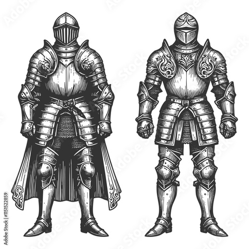 medieval knight in full plate armor, classic armor design with lion emblems sketch engraving generative ai fictional character vector illustration. Scratch board imitation. Black and white image.