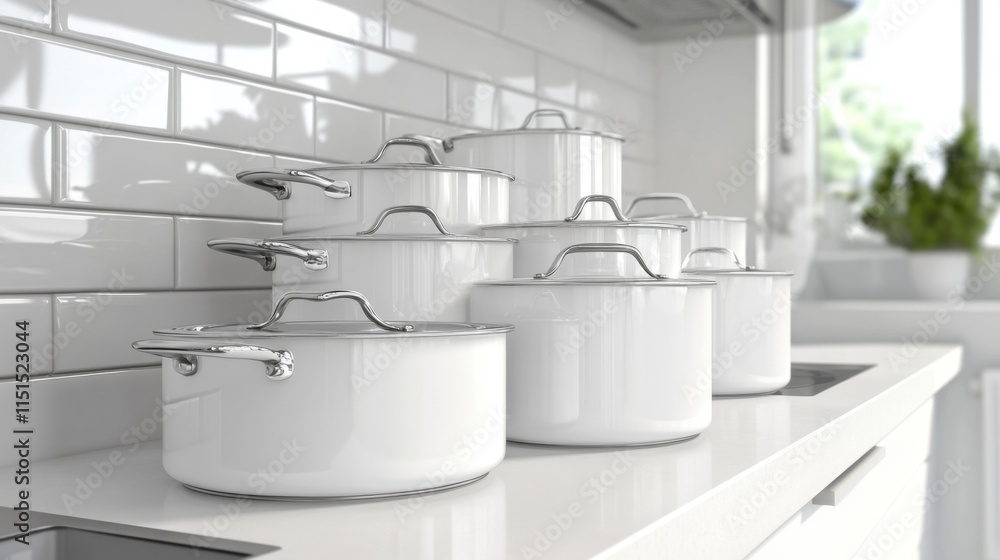 Elegant White Cookware Stacked Neatly on a Modern Kitchen Counter with Bright Natural Light and Stylish White Subway Tiles in the Background Elegant White Cookware Stacked Neatly on a Modern Kitchen Counter with Bright Natural Light and Stylish White Subway Tiles in the Background