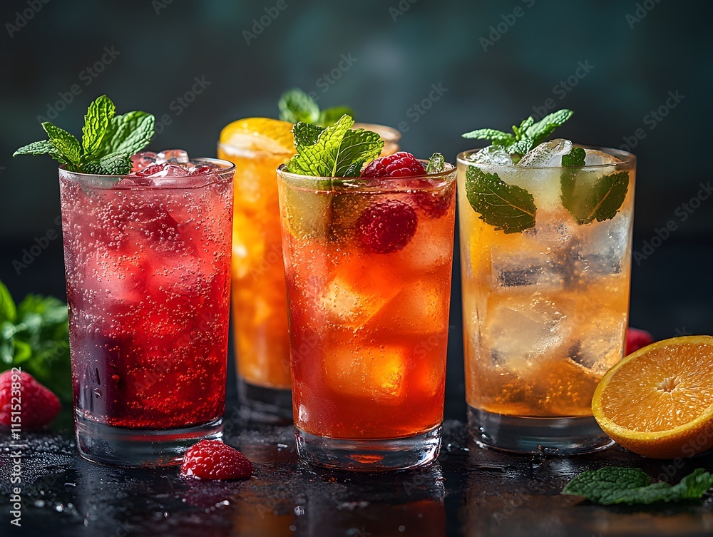 Mocktail glasses with colorful drinks, garnished with fruits, mint, and flowers, sit on a shiny black table under mood lighting. The image feels fresh, luxurious, and modern, ideal for promotions. Mocktail glasses with colorful drinks, garnished with fruits, mint, and flowers, sit on a shiny black table under mood lighting. The image feels fresh, luxurious, and modern, ideal for promotions.