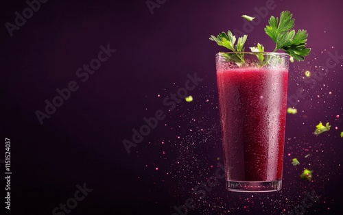 A tall glass of beetroot juice levitating mid-air with a sprig of parsley, on a deep purple background