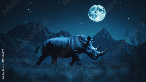running rhino during midnight in a mountain with a low Angle 