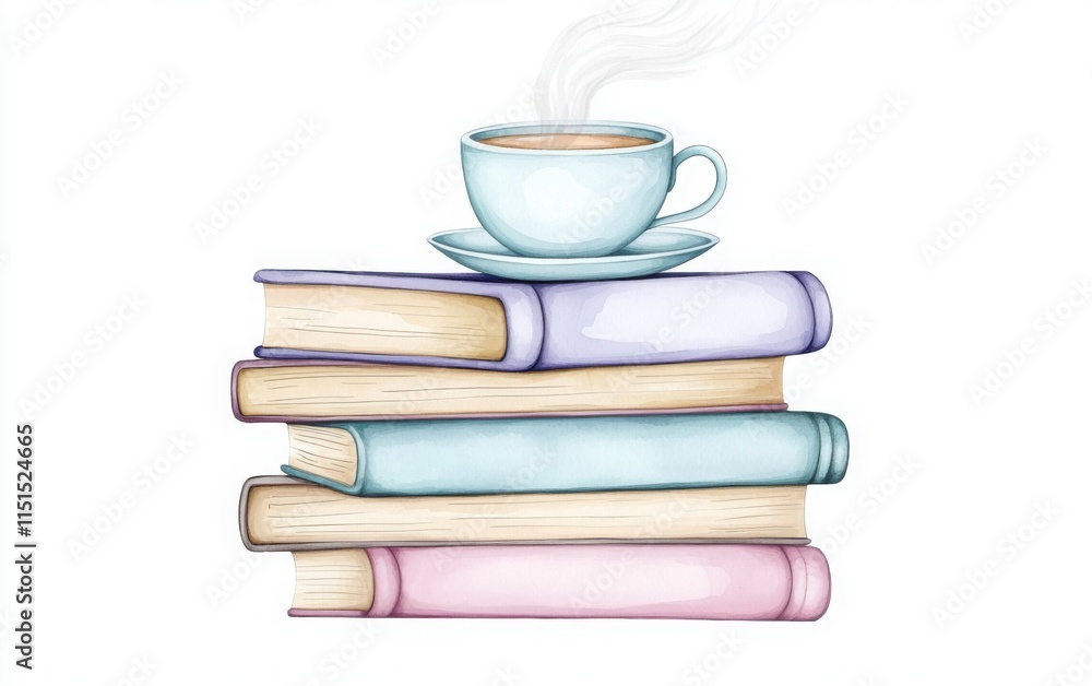 A watercolor illustration of a stack of books with a steaming teacup on top A watercolor illustration of a stack of books with a steaming teacup on top