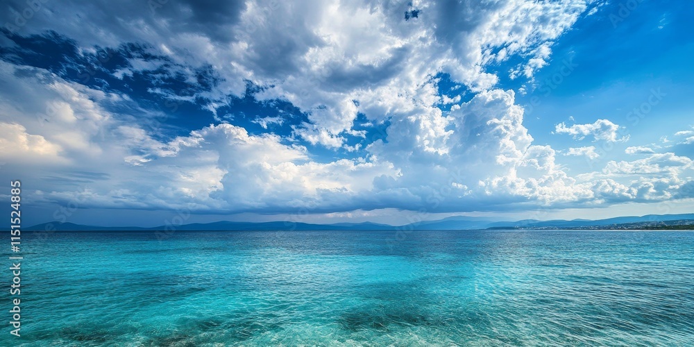 Obraz premium A captivating view of the blue sea beneath a dramatic cloudy sky, showcasing the beautiful contrast of blue sea and the textured clouds above, creating a serene coastal landscape.