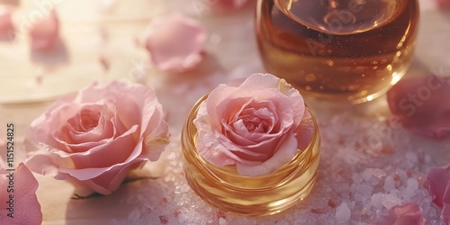 Closeup of a bottle featuring cosmetic oil infused with rose extract and sea salt. This cosmetic oil highlights the luxurious blend of rose extract and sea salt for a soothing experience. photo