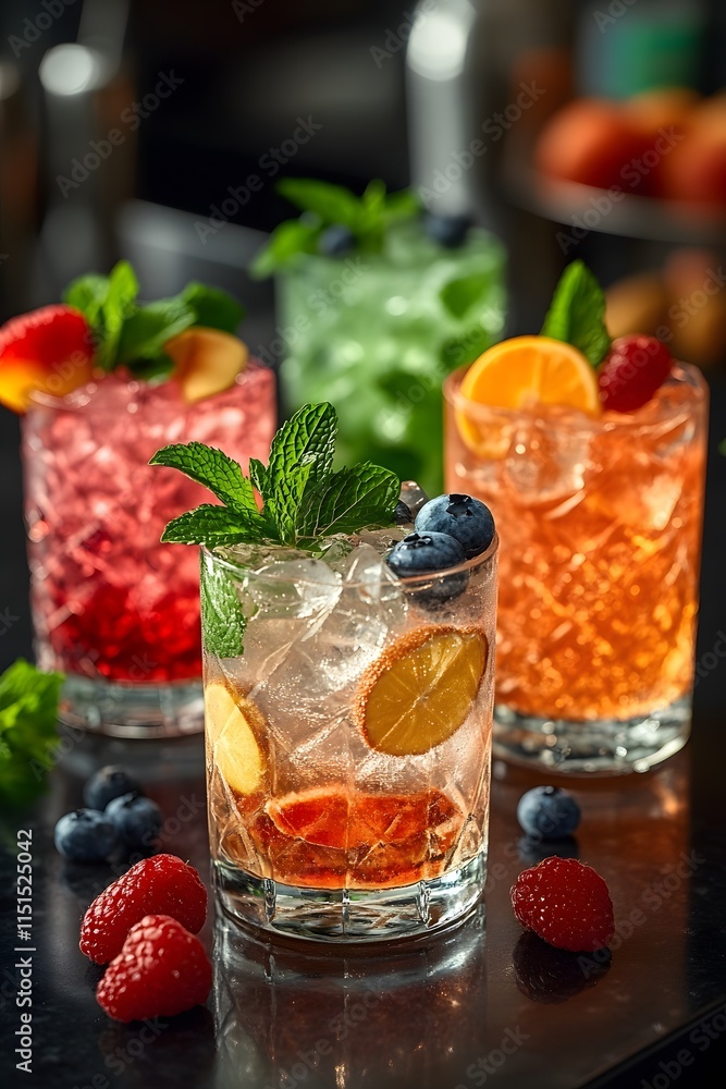 Mocktail glasses with colorful drinks, garnished with fruits, mint, and flowers, sit on a shiny black table under mood lighting. The image feels fresh, luxurious, and modern, ideal for promotions. Mocktail glasses with colorful drinks, garnished with fruits, mint, and flowers, sit on a shiny black table under mood lighting. The image feels fresh, luxurious, and modern, ideal for promotions.