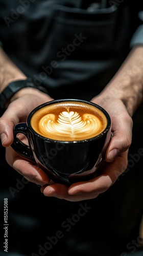 Coffee expert showcases intricate latte art in a stylish black cup held with both hands, illustrating the craftsmanship of coffee preparation in an inviting atmosphere photo