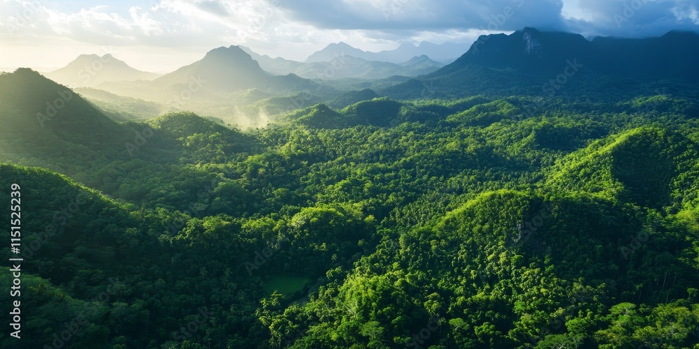 Fototapeta premium A birds eye perspective showcases the vibrant greenery of the forest and the grandeur of the mountains, highlighting the beauty of lush nature and scenic landscapes.