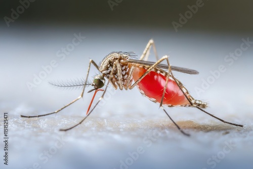 Close-up View of a Mosquito with a Transparent Abdomen Highlighting Blood Meal, Showcasing Details of Its Anatomy and Unique Features in Natural Environment photo