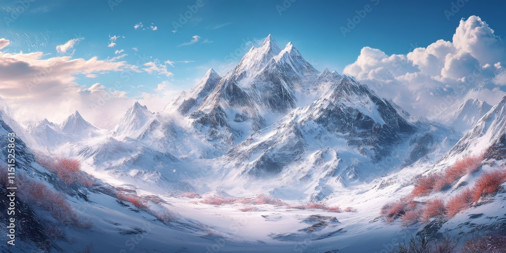 Fototapeta premium Pristine snow white mountains stand majestically, embodying the beauty of snow white landscapes. The snow white peaks create a breathtaking visual, inspiring nature lovers and adventurers alike.