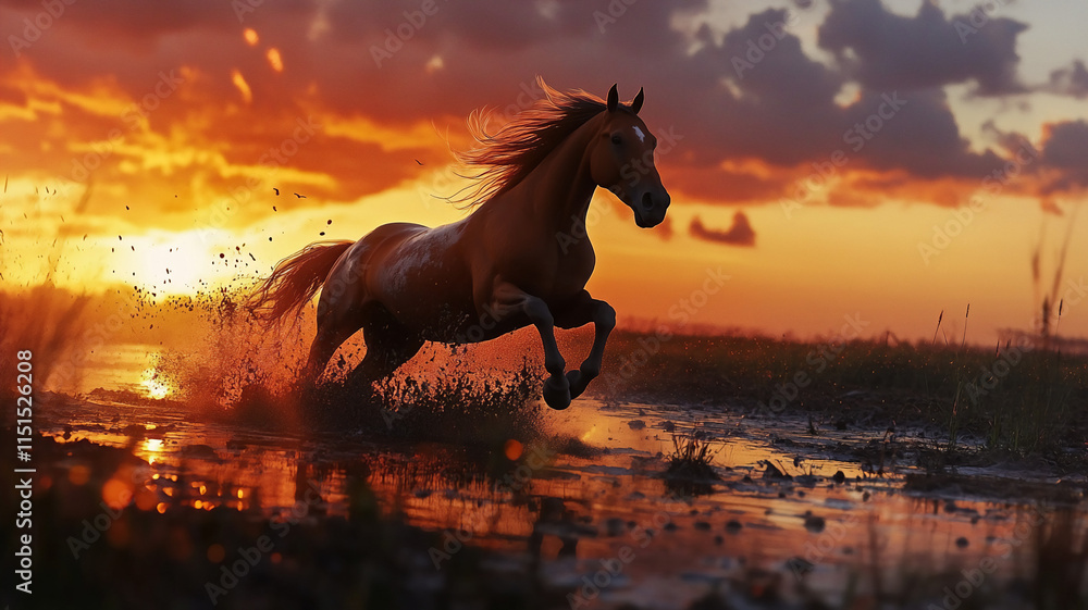 running horse during sunset in a mudpool with a low Angle running horse during sunset in a mudpool with a low Angle