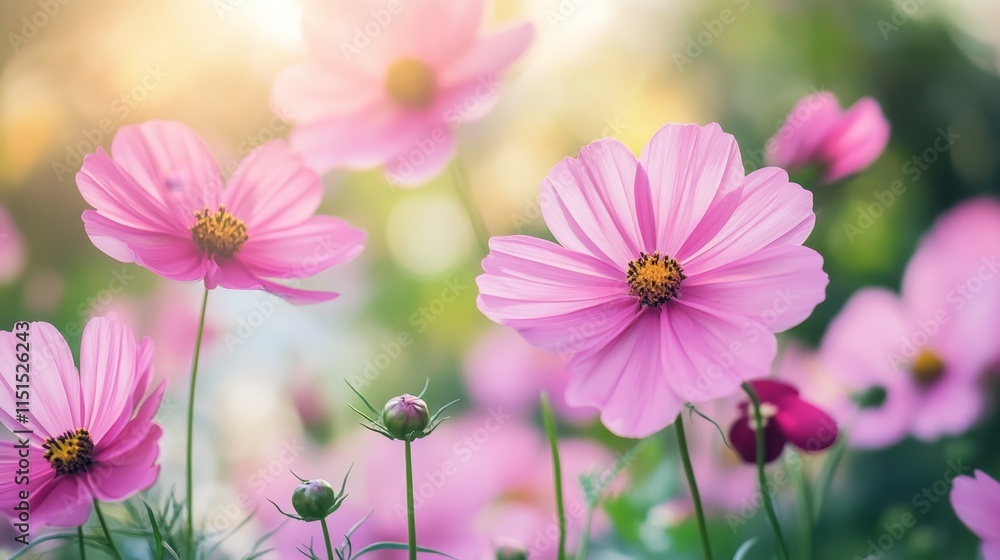 Fototapeta premium Vibrant pink cosmos flowers bloom beautifully in the garden, showcasing their delicate petals and attracting attention with their stunning appearance and cheerful color in a tranquil garden setting.