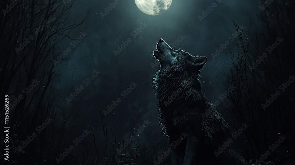 Fototapeta premium Lone Wolf Howling at the Moon: A Captivating Scene of a Wolf's Serenade Under the Night Sky