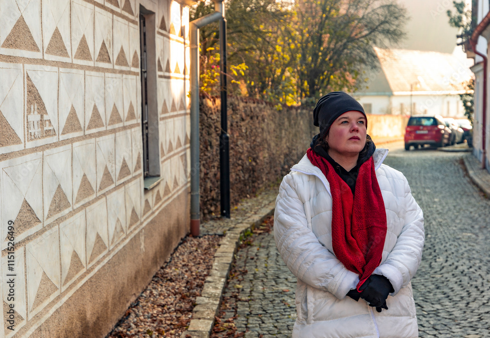 A plus-size woman strolling through the streets of a small European town.