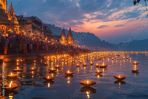 A panoramic view of the Ganges River in Varanasi, India, with thousands of oil lamps floating on its surface during the Diwali festival night.