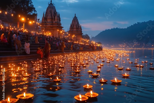 A panoramic view of the Ganges River in Varanasi, India, with thousands of oil lamps floating on its surface during the Diwali festival night.