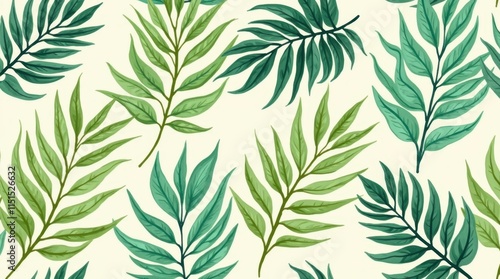 Hand-Drawn Tropical Palm Leaf Seamless Pattern in Vibrant Green