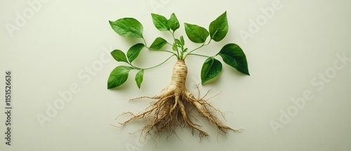 ginseng root and leaves on a plain background
