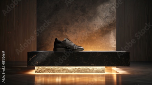 A contemporary podium holding a designer shoe, lit from the side to enhance the texture and craftsmanship of the material.