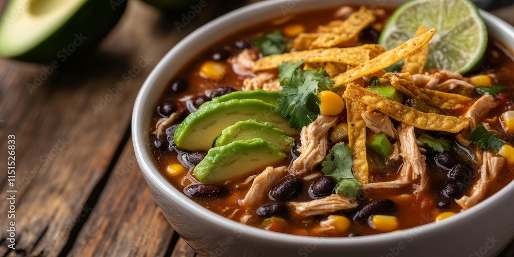 Close up of shredded Chicken Taco Soup featuring black beans and corn, garnished with tortilla strips, avocado slices, and lime, presented in a white bowl on a rustic wooden table. Close up of shredded Chicken Taco Soup featuring black beans and corn, garnished with tortilla strips, avocado slices, and lime, presented in a white bowl on a rustic wooden table.
